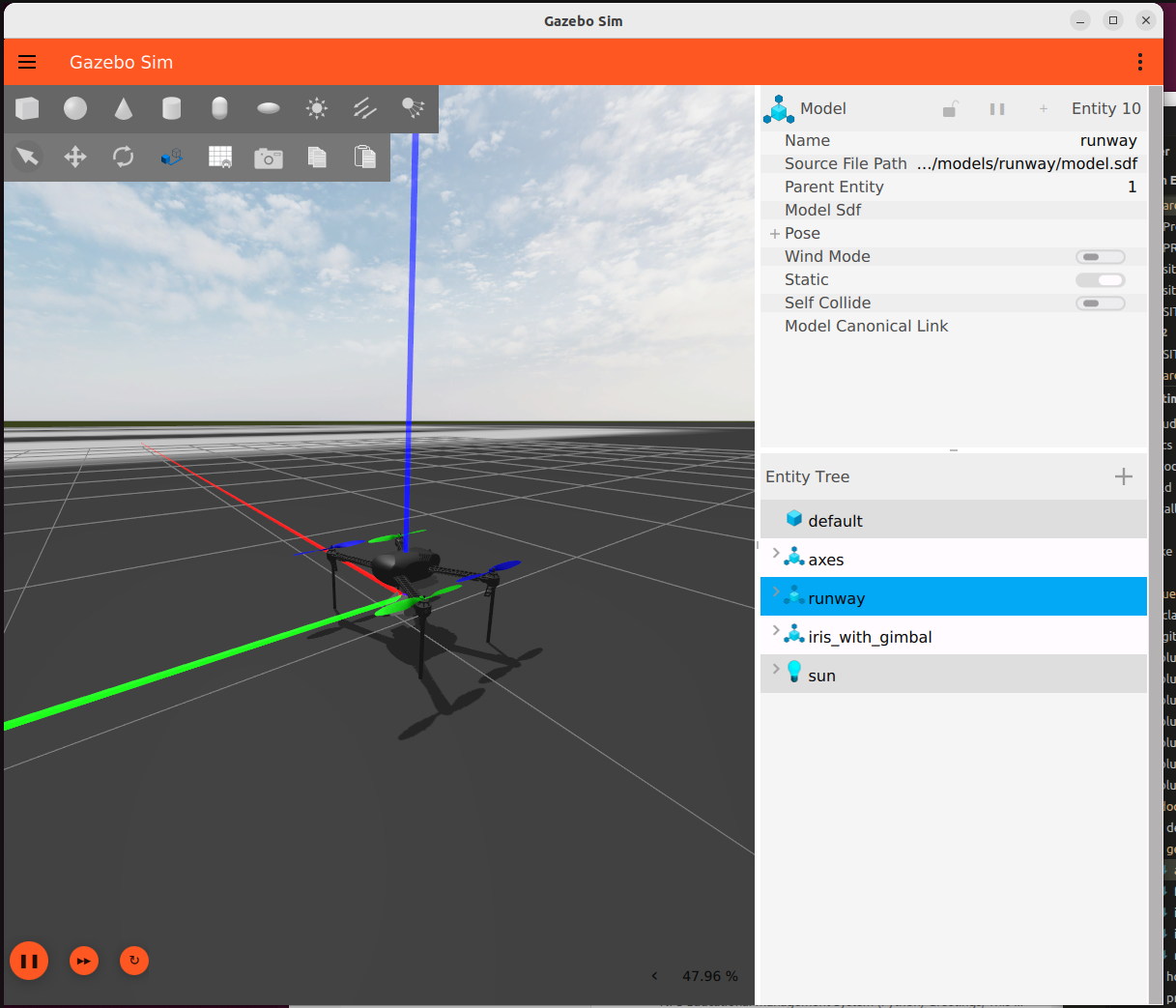 The Iris quadcopter standing on a runway in the Gazebo viewport