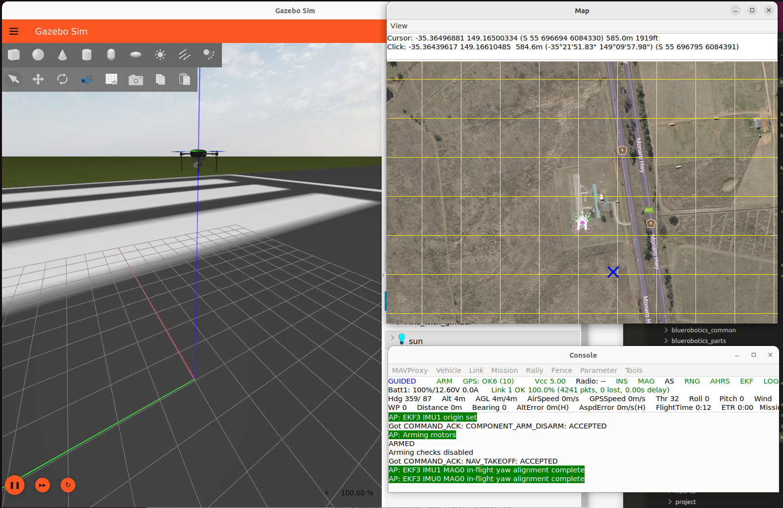 The Iris quadcopter hovering above the runway, with the MAVProxy console and map alongside