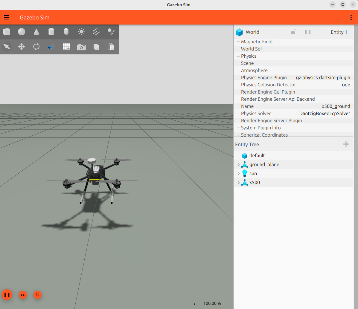 The X500 quadrotor in Gazebo, resting on its landing gear